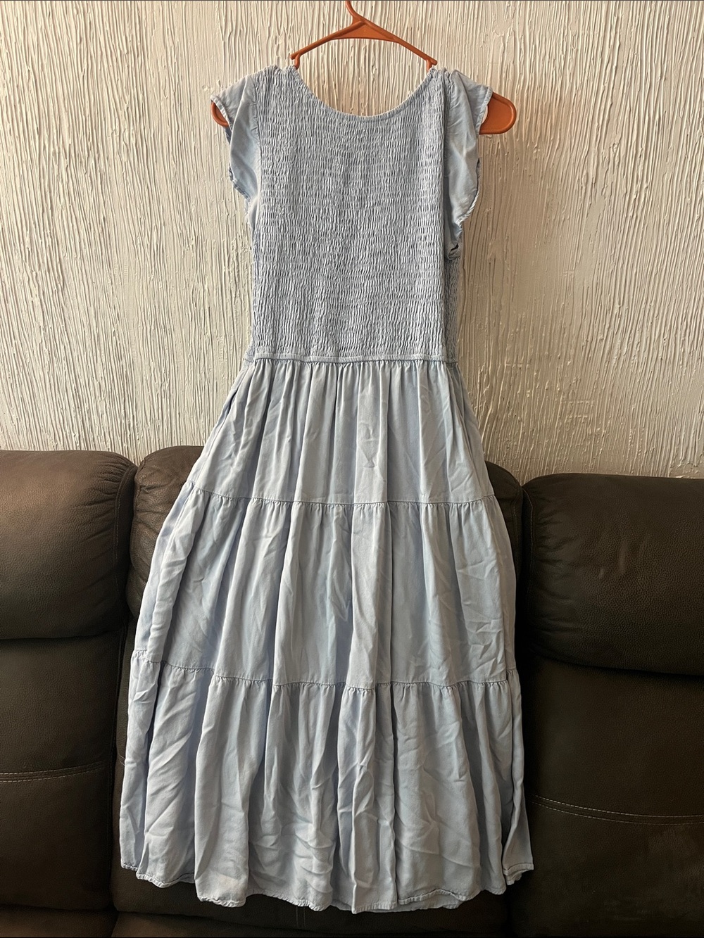 Smocked Bodice Light Blue Maxi Dress with Flutter Sleeves